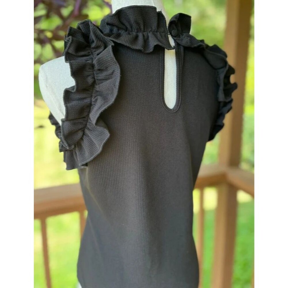 TCEC Black Ribbed Ruffle Bodysuit Large Romantic Goth - Picture 5 of 10